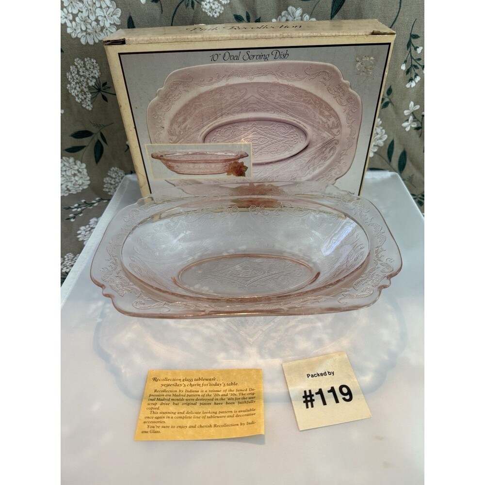 INDIANA GLASS PINK RECOLLECTION OVAL VEGETABLE BOWL 10" NOS W/BOX MADRID